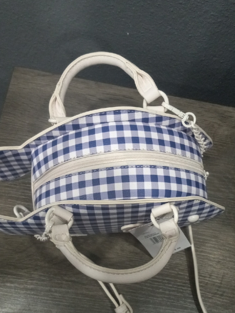 Betsey Johnson Blue Gingham Fish Crossbody Bag with White Trim - Picture 8 of 13